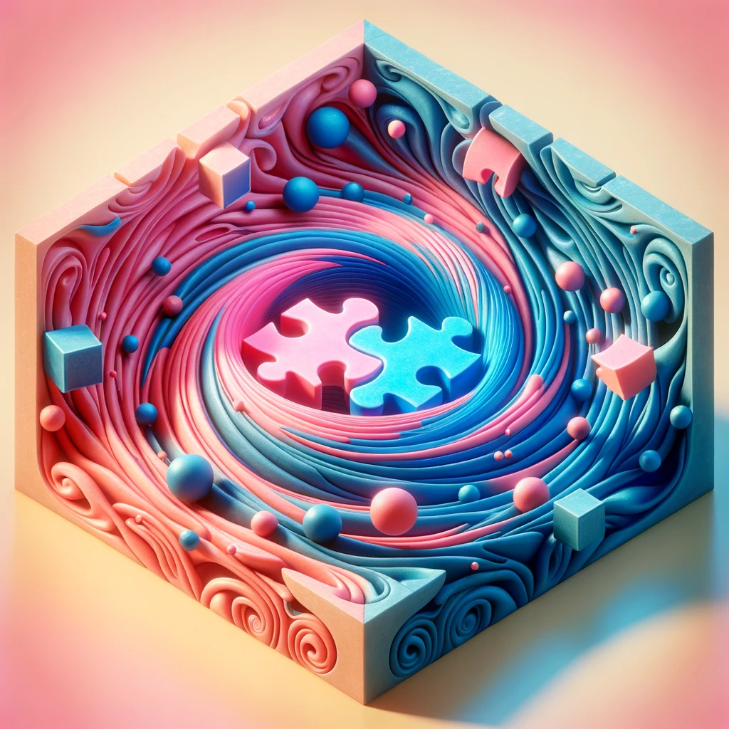Surreal illustration of puzzle pieces representing a couple in an emotional relationship vortex