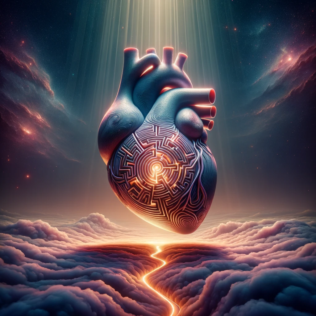 Surreal illustration of a heart-shaped maze, symbolizing the intricacies of narcissistic relationships