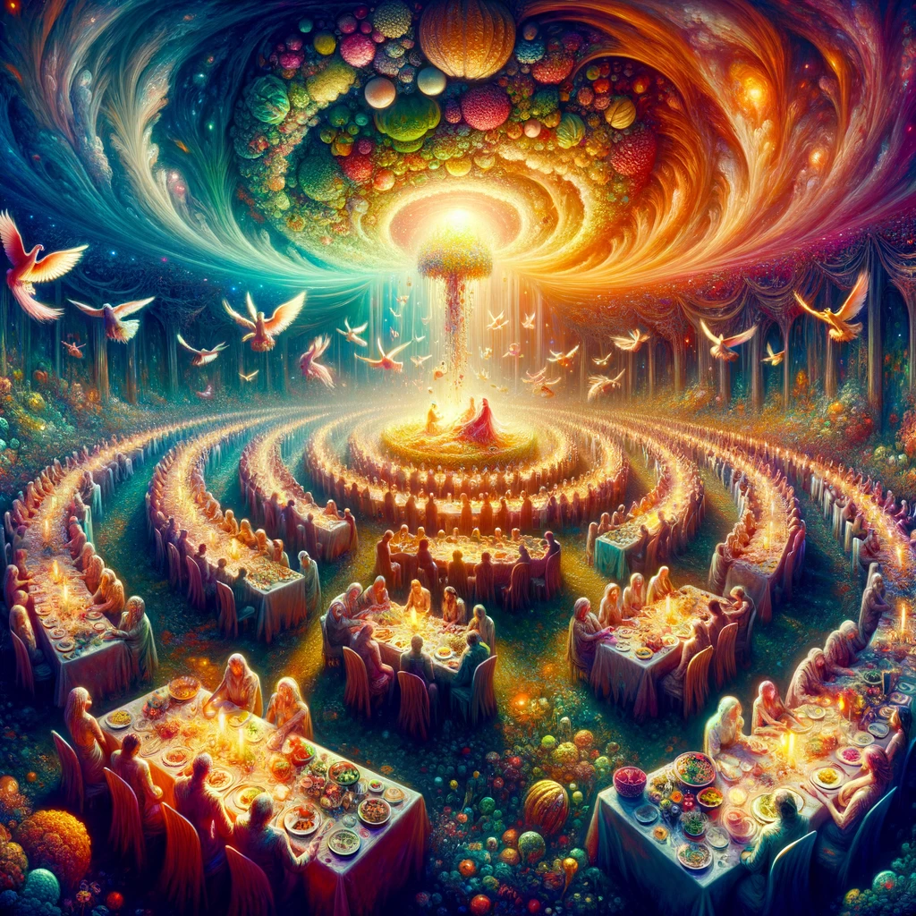 Surreal vegetarian feast with heart-shaped vegetables and flowing rainbow sauces