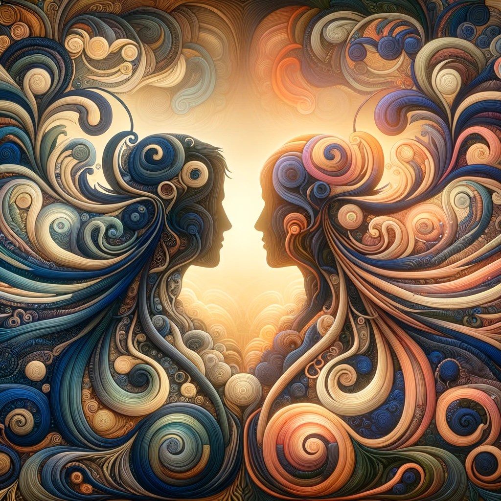 Abstract illustration of complex relationship dynamics with intertwining warm and cool colors