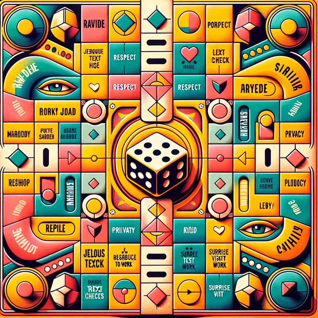 Abstract 'Boundary Bingo' game board illustration with pop art-inspired relationship-themed spaces