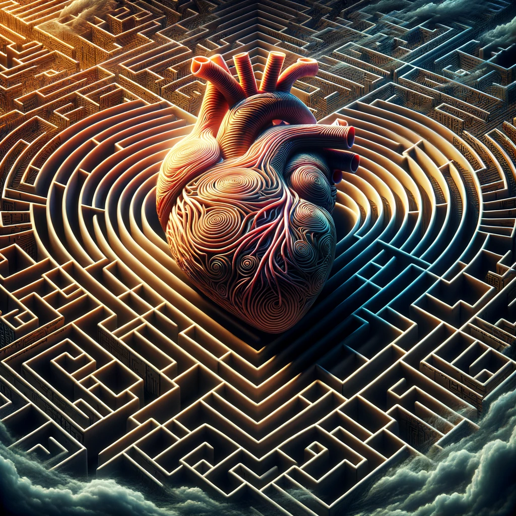Surreal heart-shaped maze illustrating the complexities of relationship mind games