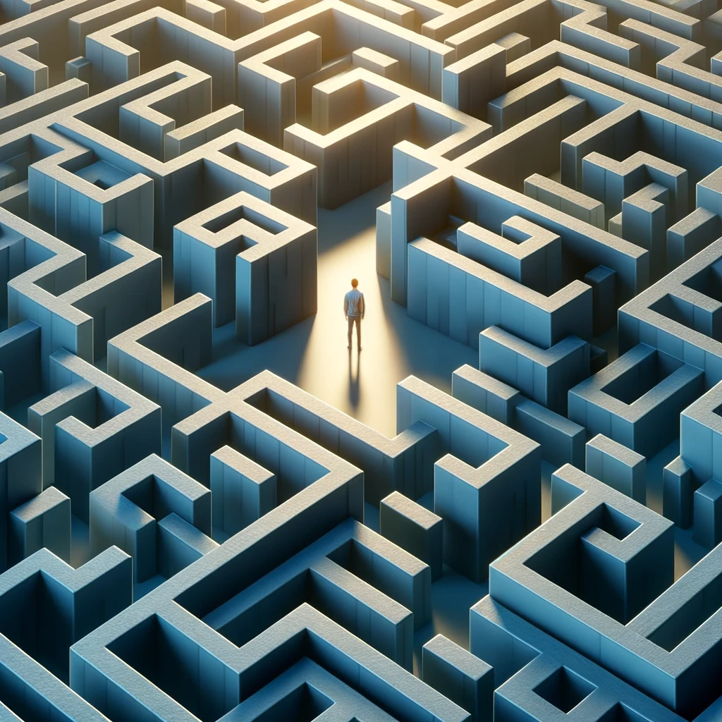 Surrealistic representation of male pressure response showing a solitary figure in an intricate geometric labyrinth