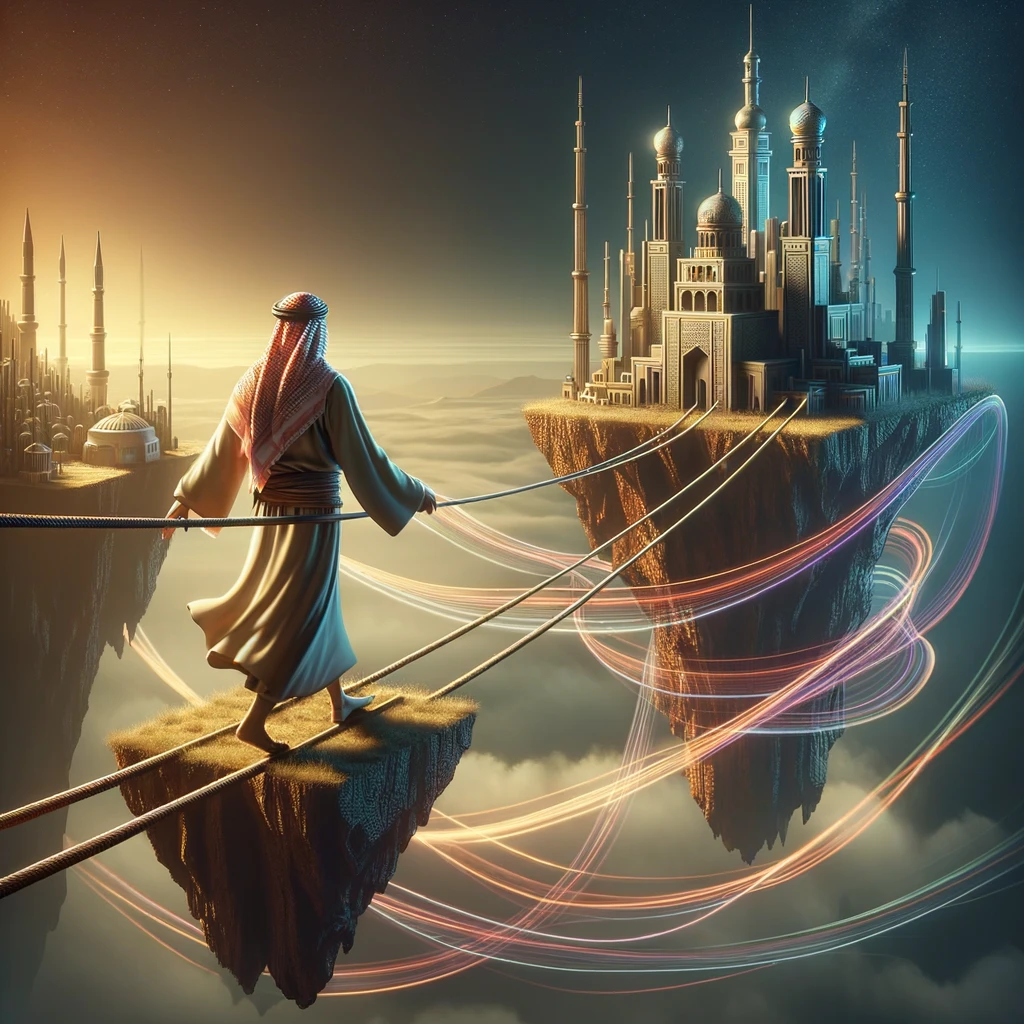 Surreal illustration depicting the balance between tradition and modernity in partner selection