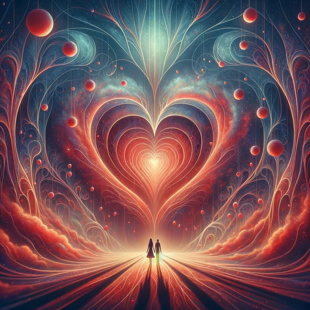 Surrealist representation of hidden attraction using silhouettes with intertwining heart-shaped auras