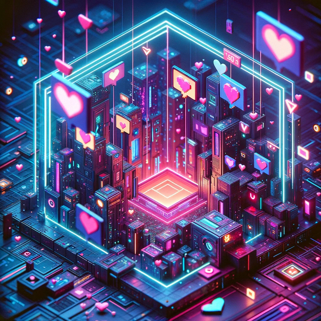 Surreal digital landscape representing modern communication in casual relationships