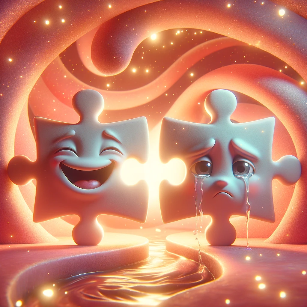 Humorous illustration of puzzle pieces representing reconnecting partners, symbolizing the journey of rekindling a relationship