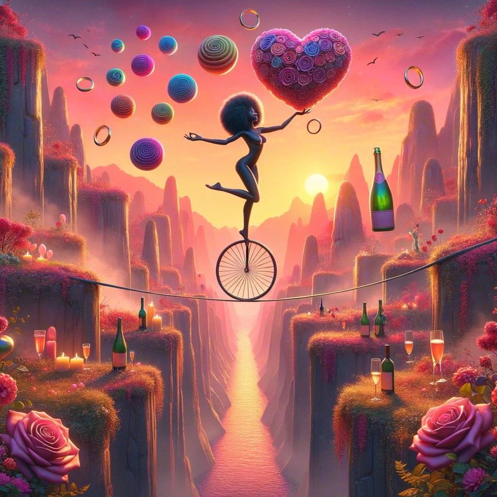 Whimsical illustration of a person performing grand romantic gestures while balancing precariously, symbolizing the delicate art of winning someone back