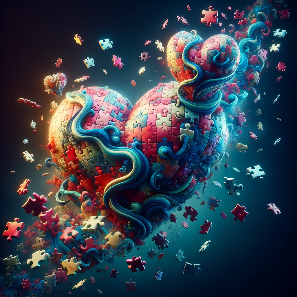 Surrealist illustration of puzzle-piece hearts symbolizing trust and deception in relationships