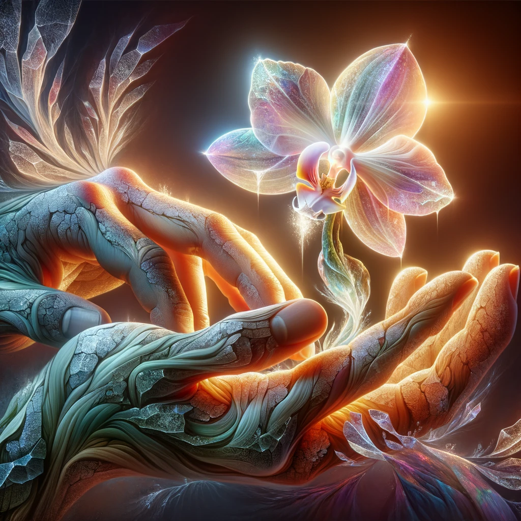 Surrealist illustration of hands nurturing a glowing orchid, symbolizing the delicate process of rebuilding trust in relationships