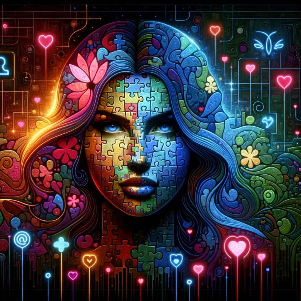 Abstract illustration of a woman made of colorful puzzle pieces, symbolizing authenticity in online dating