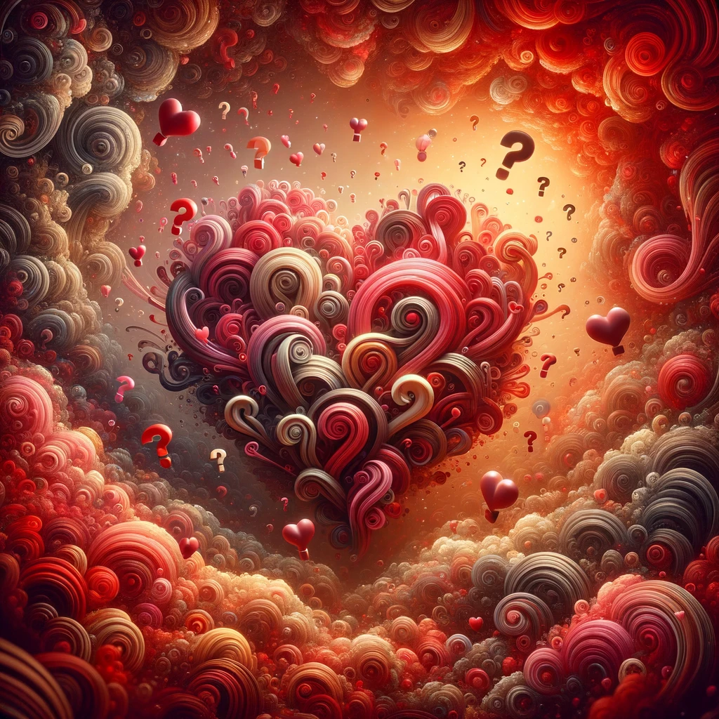 Surrealistic representation of love's complexity with hearts and question marks