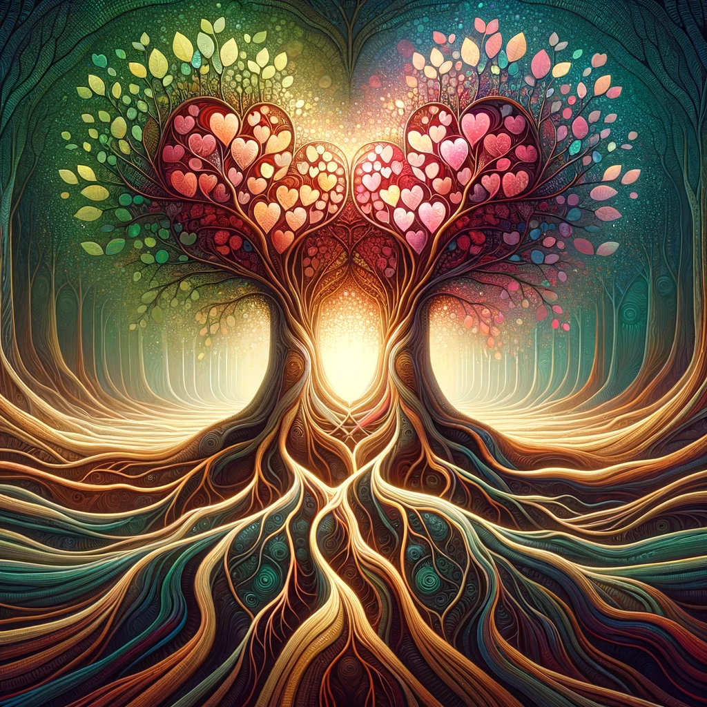 Abstract illustration of intertwining trees symbolizing relationship growth and nurturing