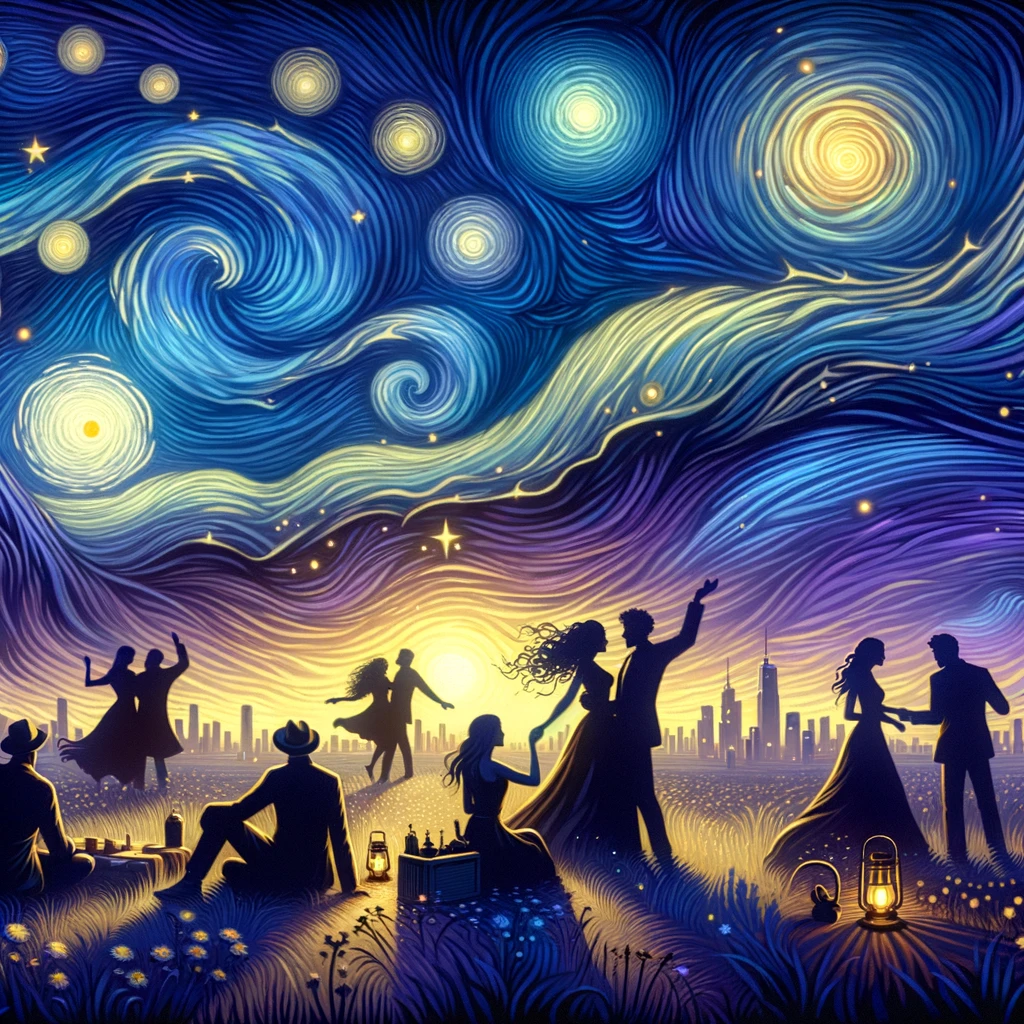 Enchanting night scene with couples enjoying romantic late-night activities under a starry sky