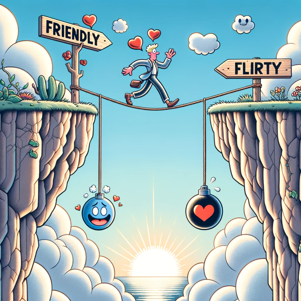 Humorous cartoon illustrating the precarious balance between friendly and flirty behavior in relationships