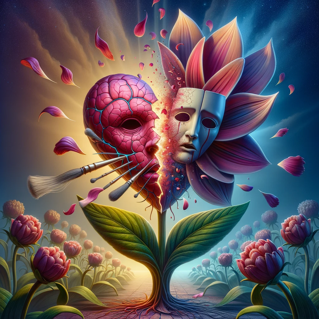 Surrealist illustration of heartbreak transforming into hope and humor, depicting the journey from sorrow to laughter