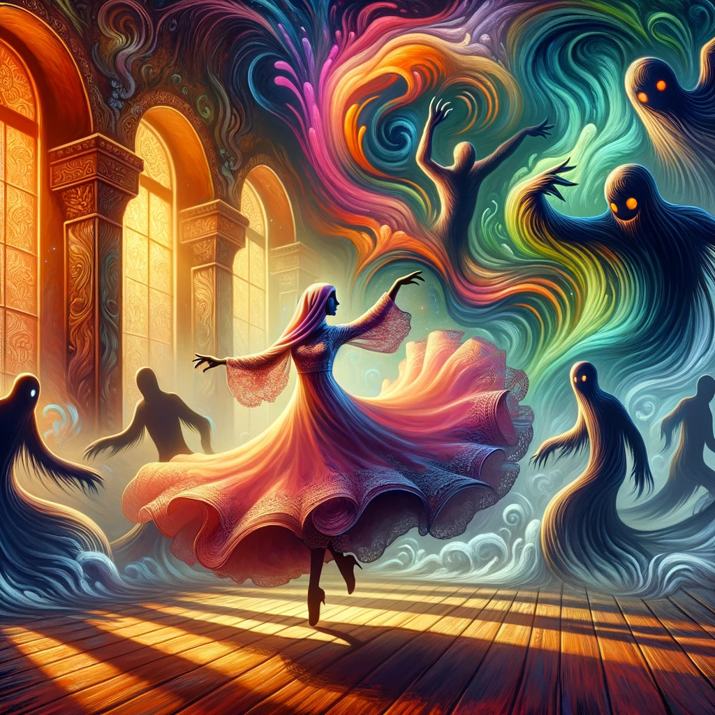 Surreal illustration of a person dancing with their fears in a vibrant, emotionally charged ballroom, symbolizing the journey of vulnerability and personal growth