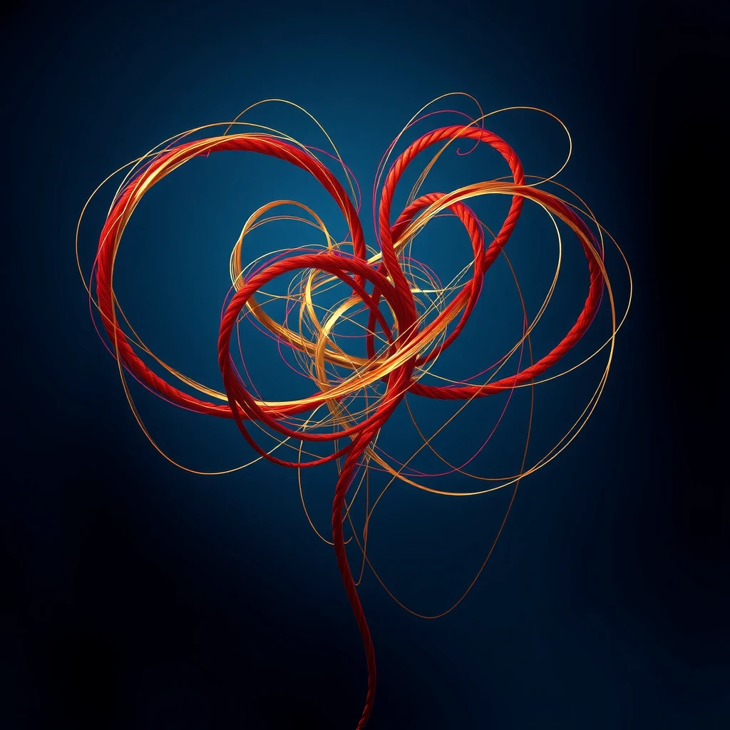 Abstract representation of love's complexity through intertwining threads, symbolizing attraction and emotional connection