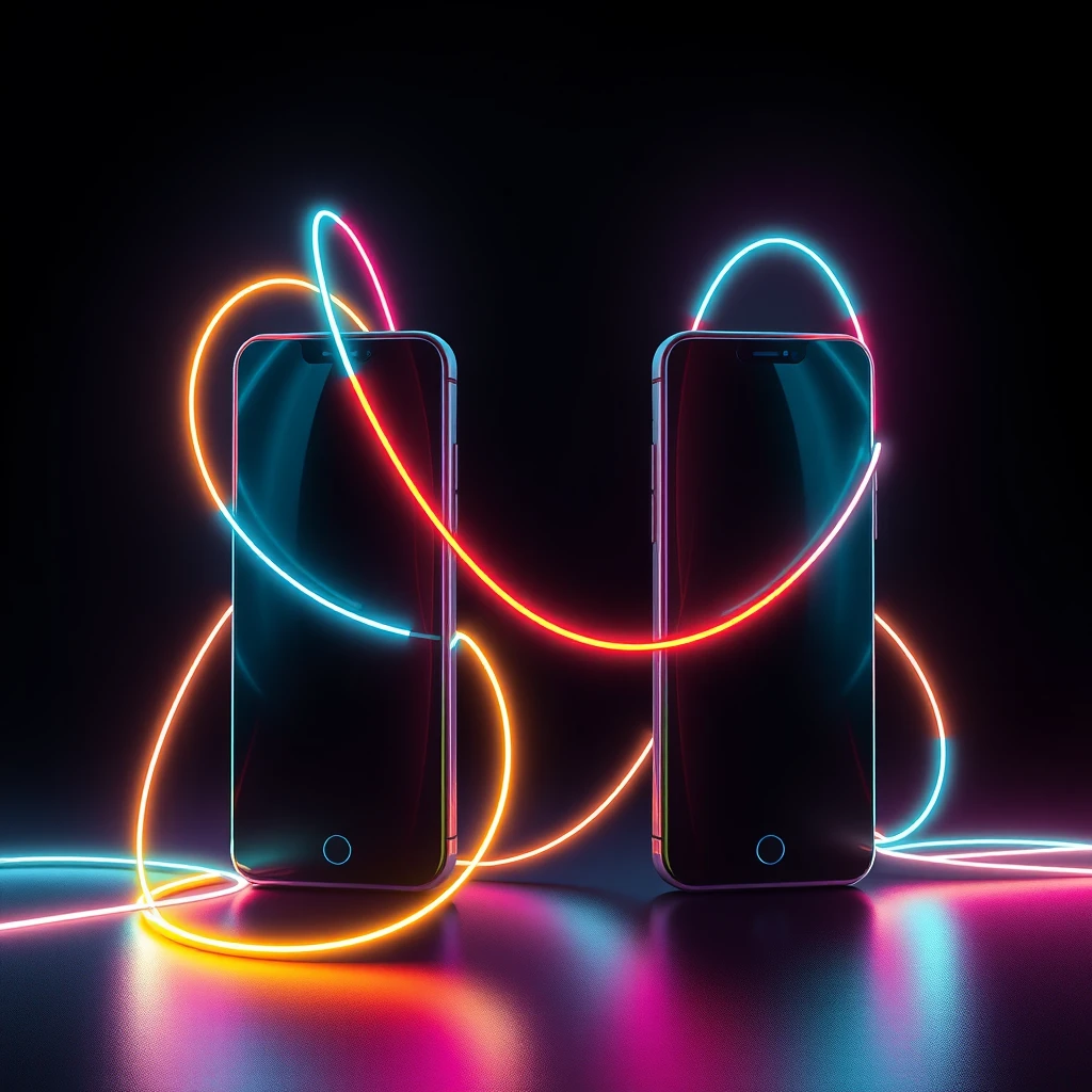 Abstract illustration of smartphones connected by colorful light trails, representing digital communication in modern dating