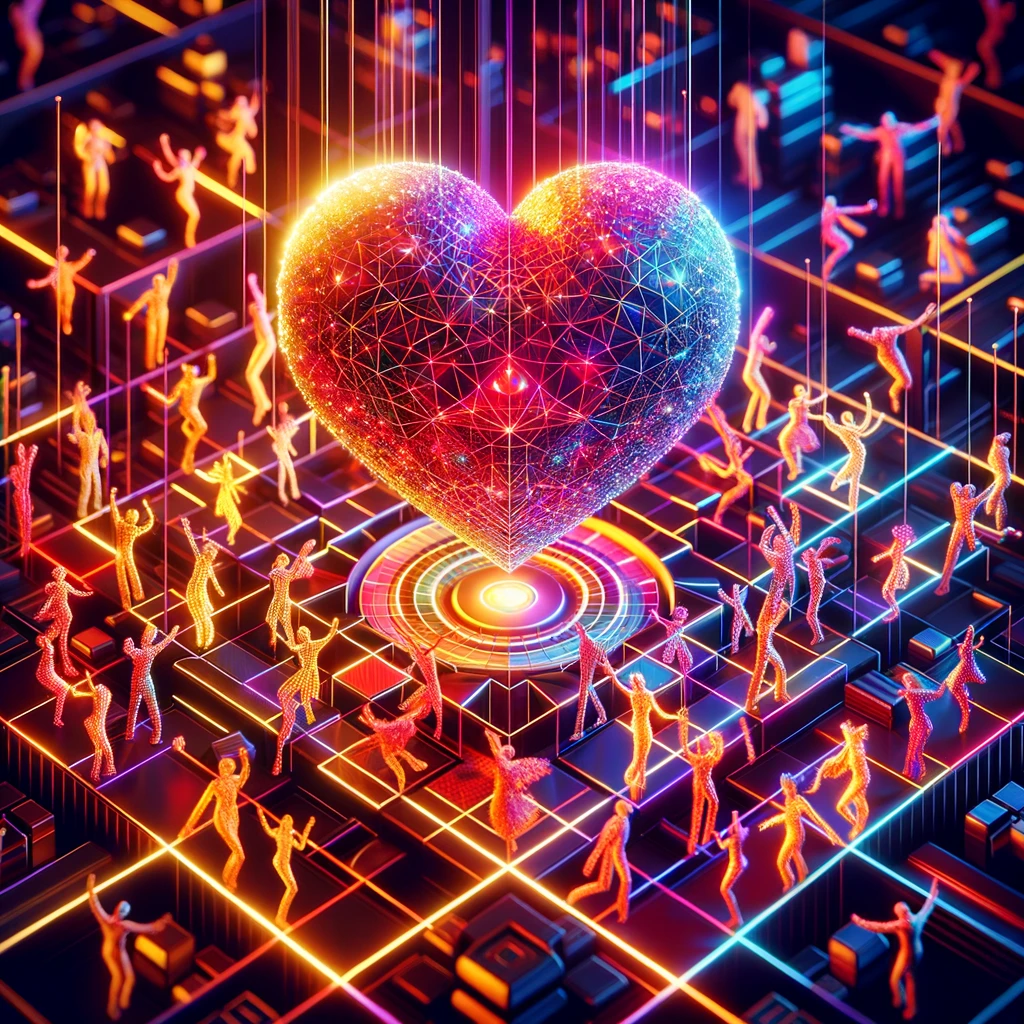 Abstract representation of emotional availability as a heart-shaped disco ball connecting dancing figures