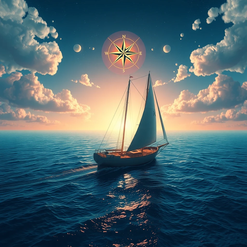 A surreal depiction of a schooner on an ocean journey representing self-exploration.