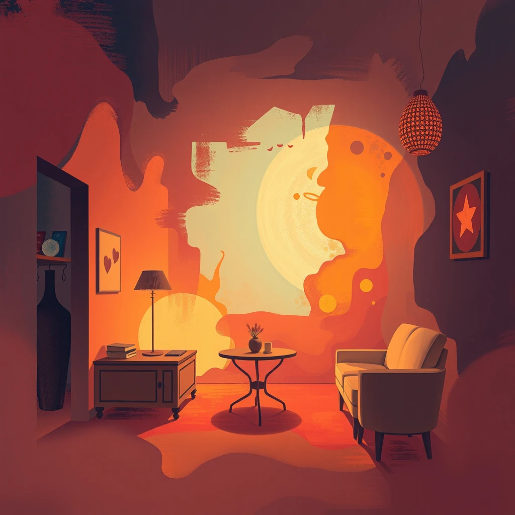 Abstract representation of a warm, inviting atmosphere with soft, flowing colors and organic shapes, symbolizing the perfect setting for a meaningful conversation and potential romantic connection