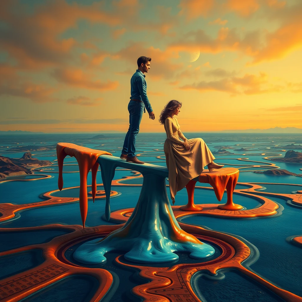 Surrealist illustration of relationship imbalance on a melting seesaw