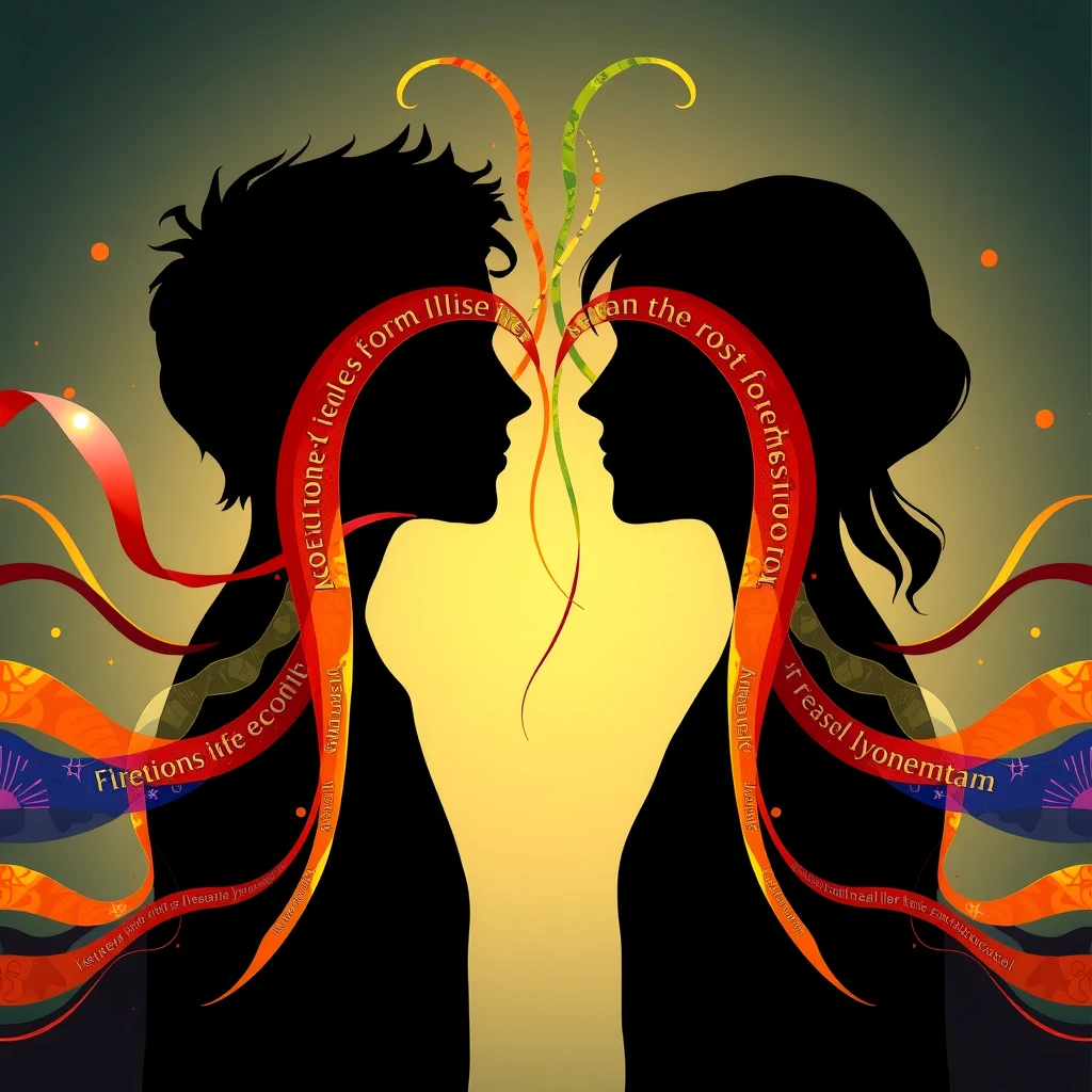 Abstract representation of emotional connection through words in relationships, featuring vibrant ribbons connecting two silhouettes