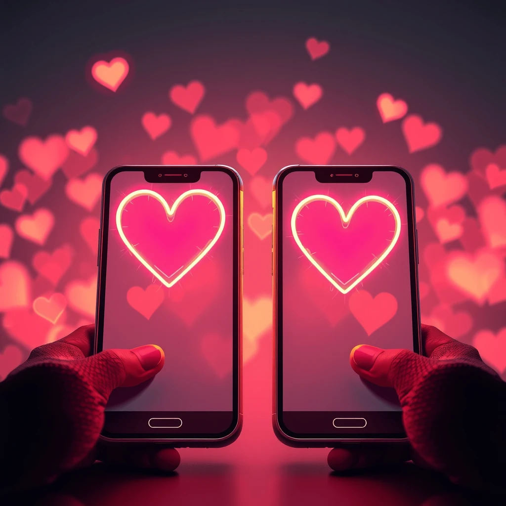 Surrealist illustration of smartphones with heart-shaped text bubbles, representing the art of digital romance