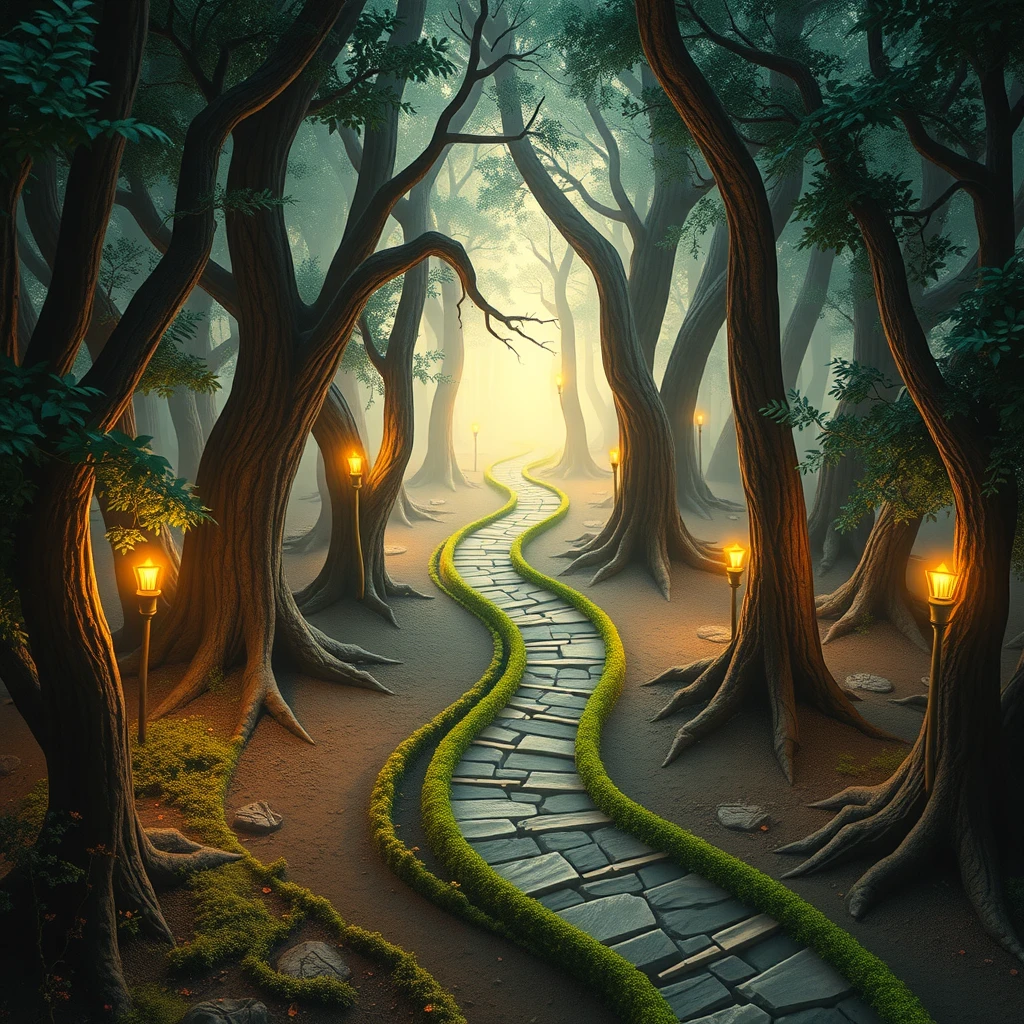 Surreal illustration of converging relationship paths in a mystical forest