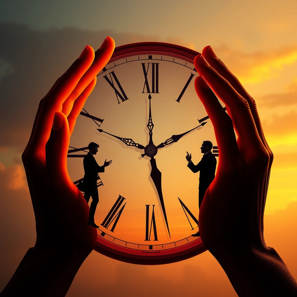 Surreal representation of time's impact on relationships with clock hands embracing human silhouettes