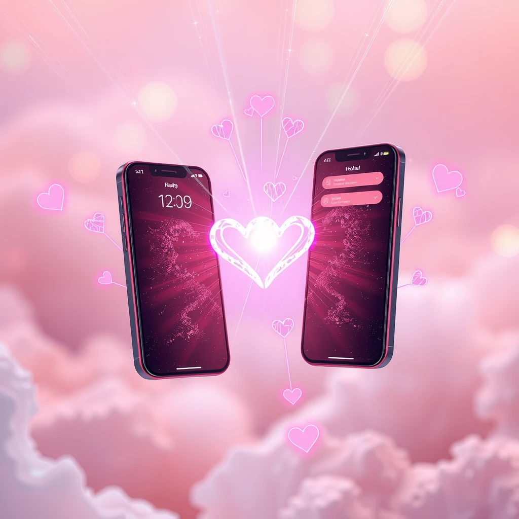 Two phones connected by glowing hearts symbolizing the tender connection of long distance romantic texting