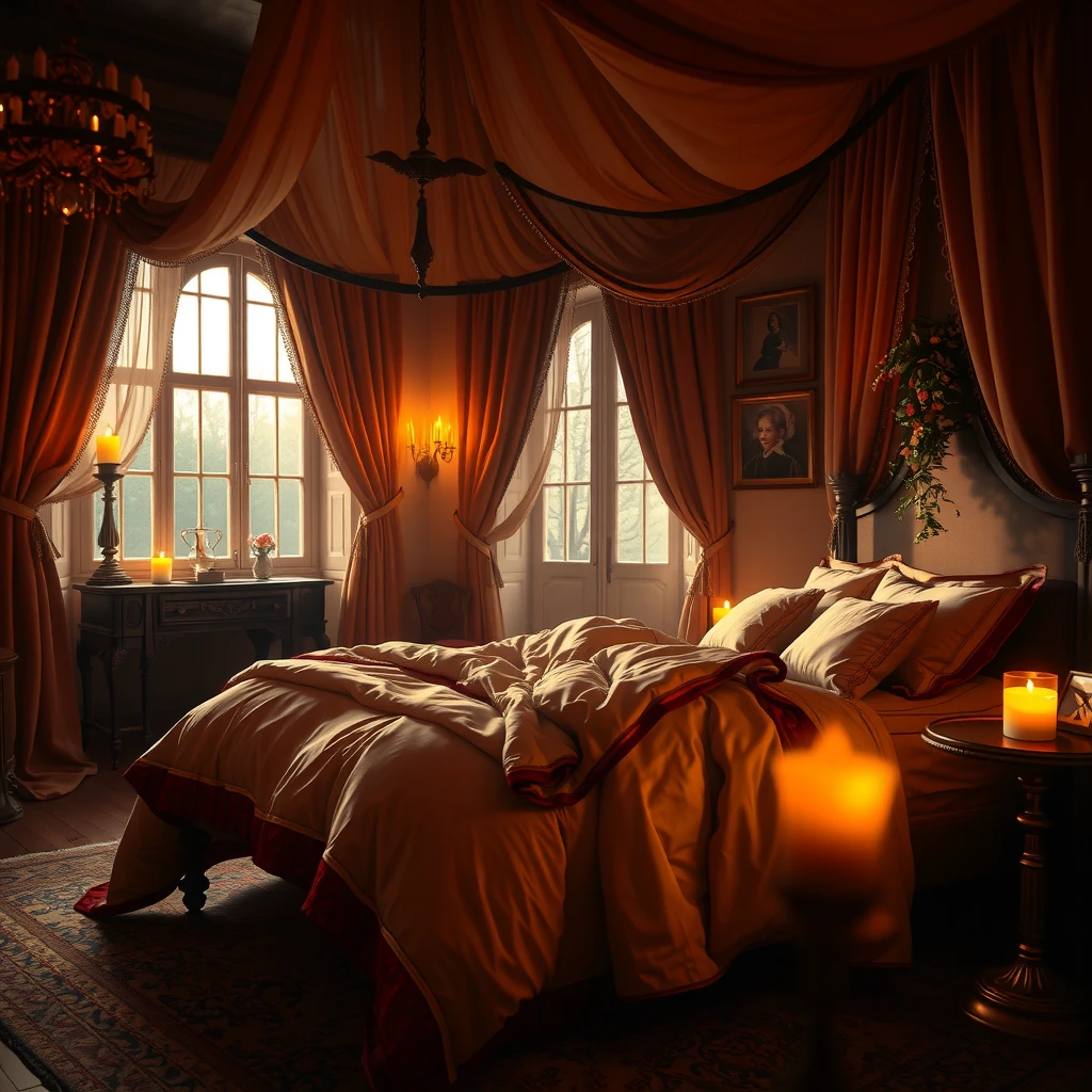 Elegantly styled bedroom interior showcasing romantic mood lighting and luxurious furnishings perfect for intimate moments