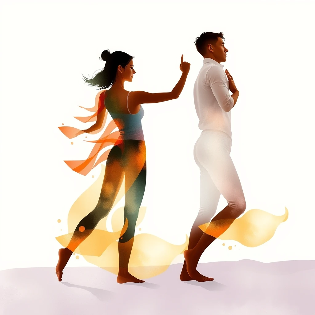 Artistic illustration of mindful movement practice emphasizing connection through synchronized motion