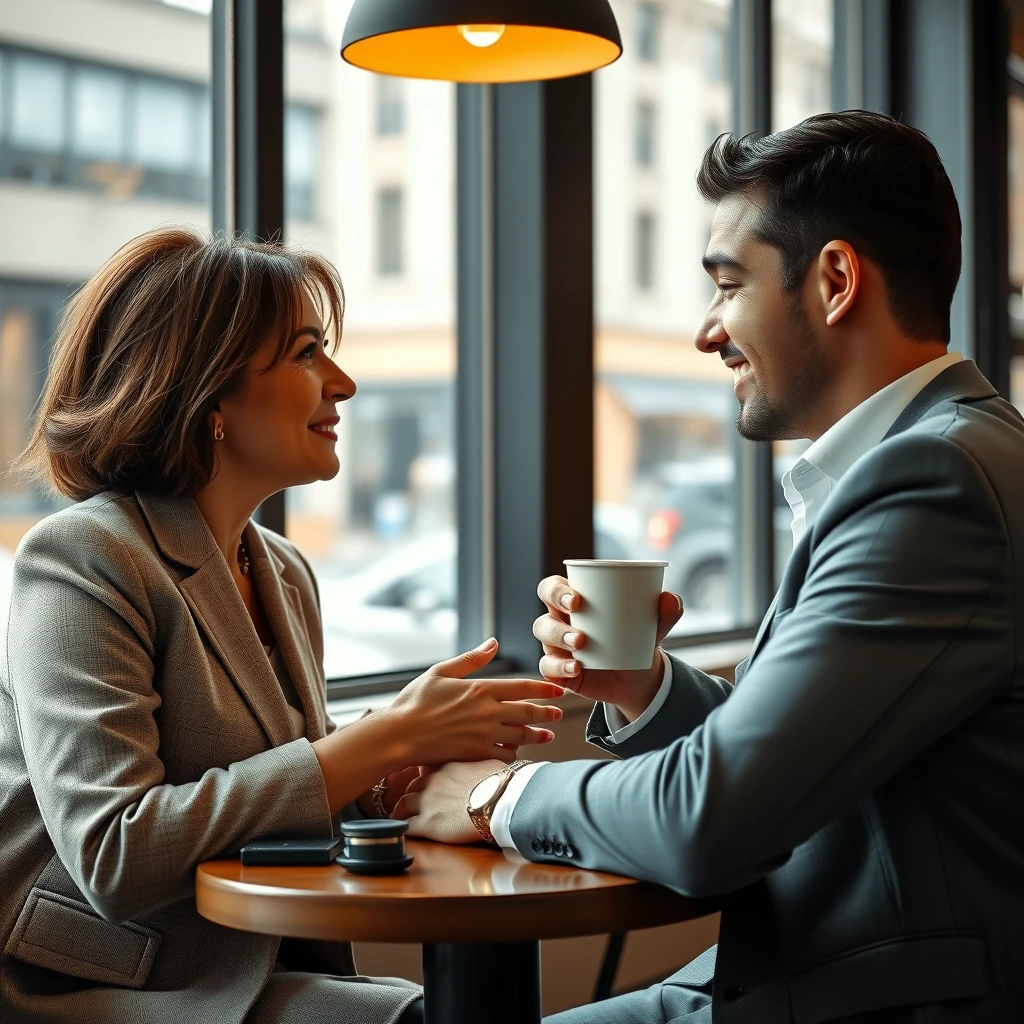 Modern age-gap couple displaying authentic connection and mutual respect at an upscale café