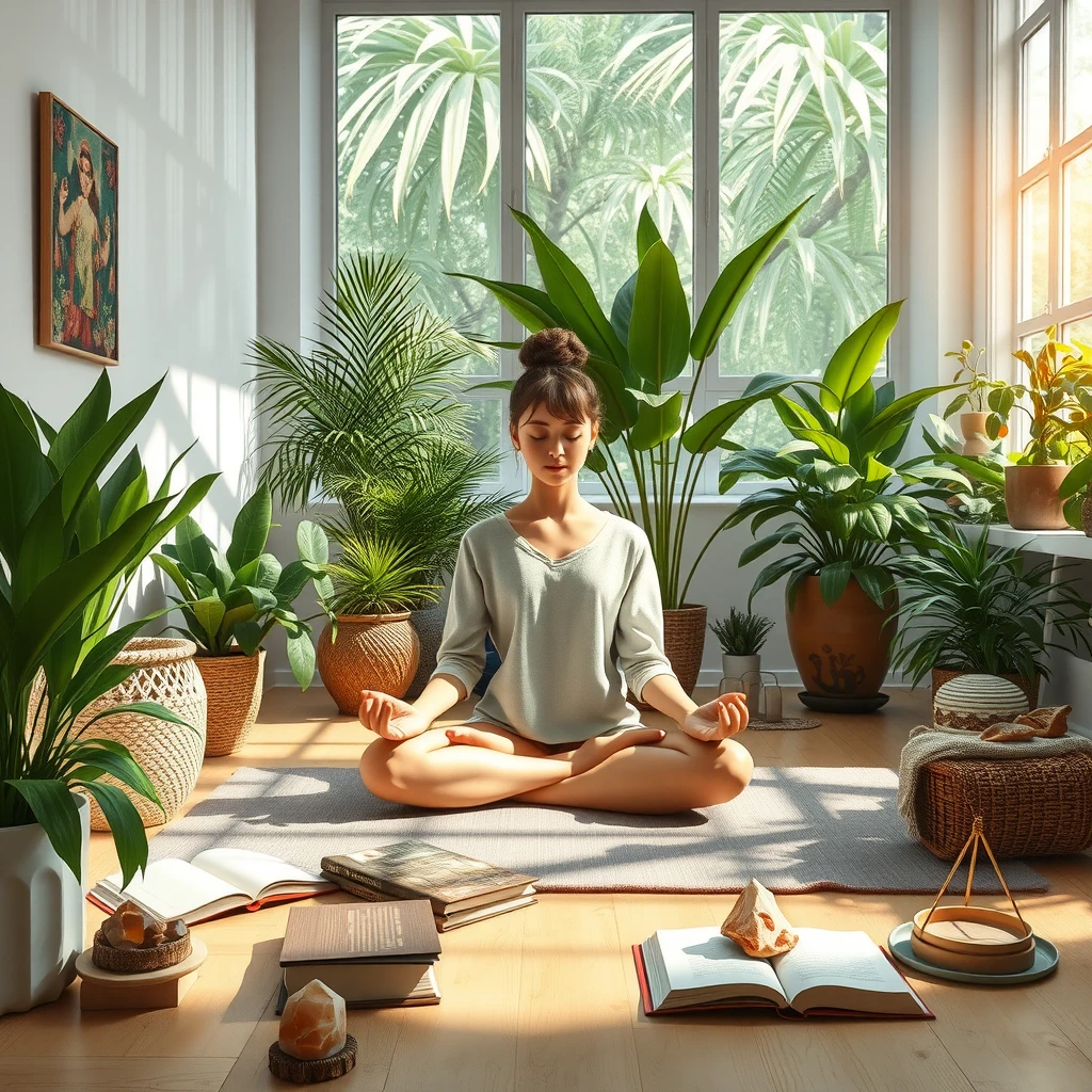 Mindful self-care practice in a peaceful indoor sanctuary demonstrating personal wellness cultivation