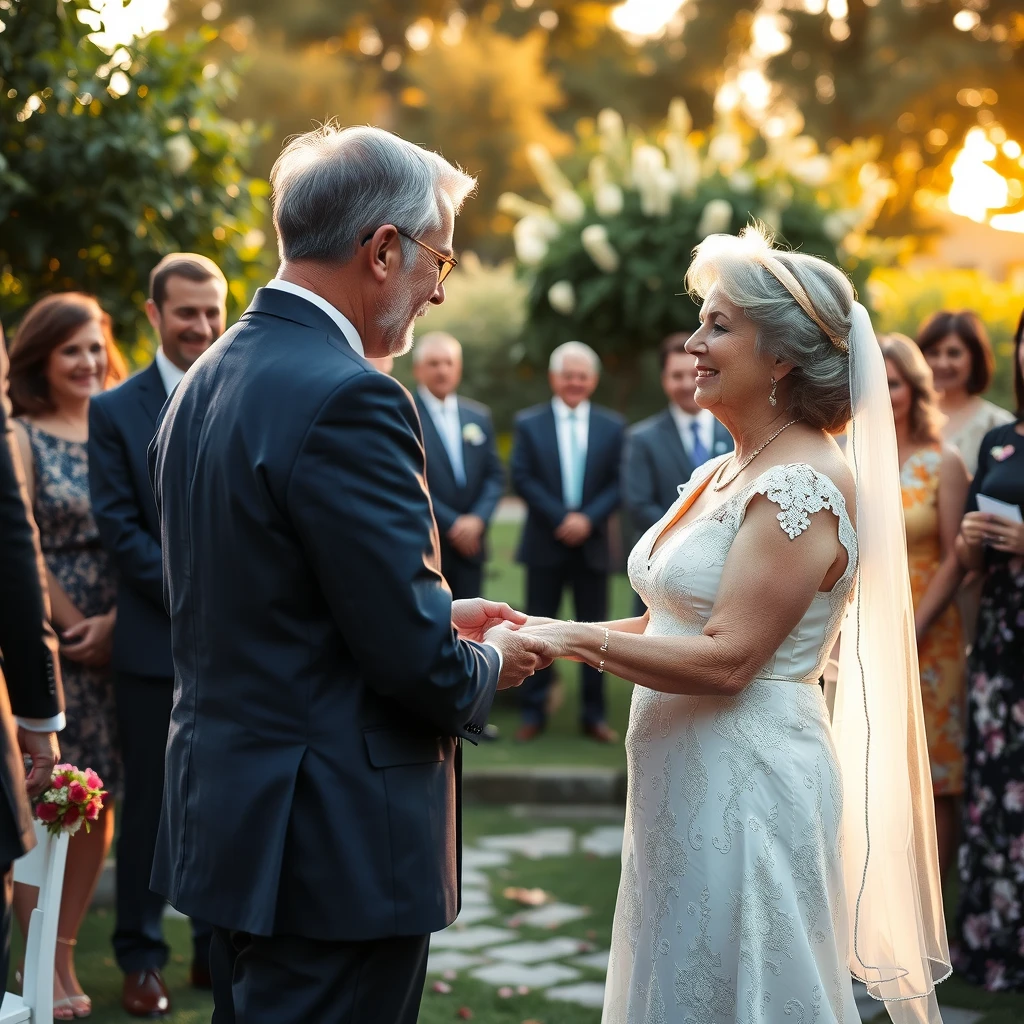 Inspirational age-gap couple celebrating their wedding surrounded by supportive loved ones