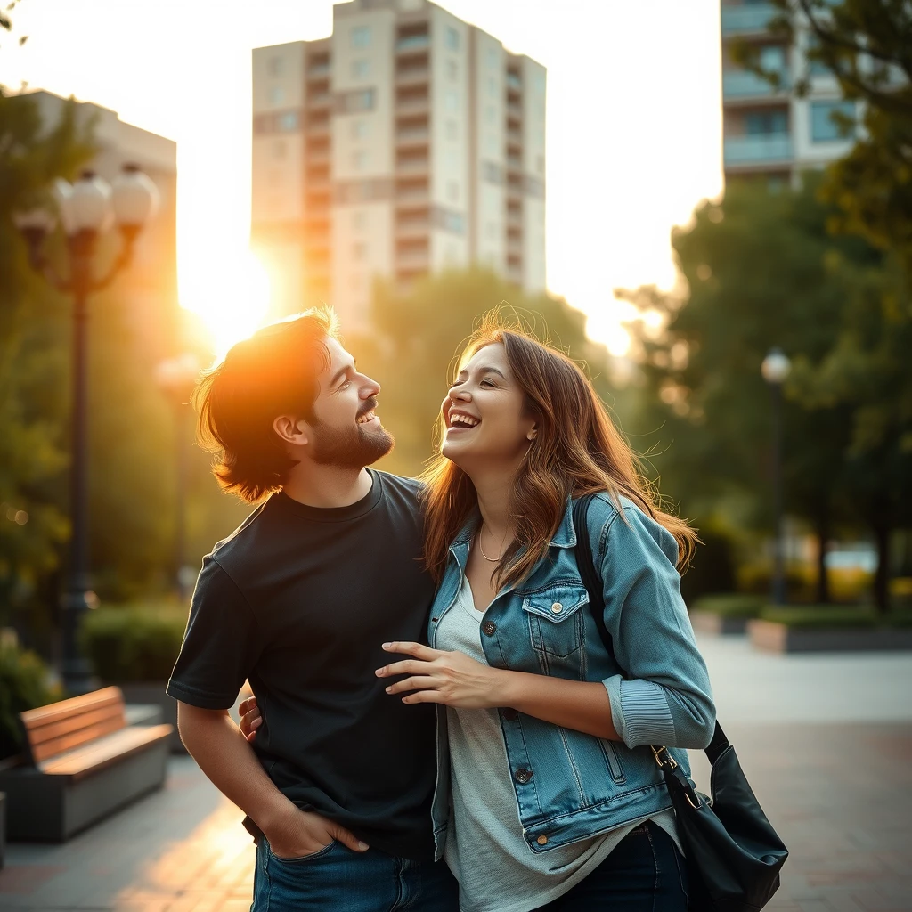 Confident couple with visible height difference sharing an authentic moment in a sunlit urban park