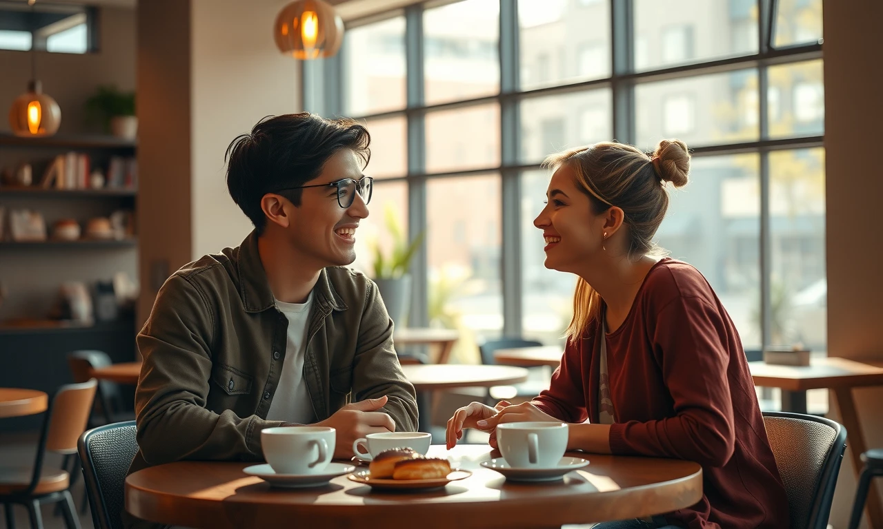 An intimate first meeting conversation between two people at a modern café, showcasing genuine connection and engagement