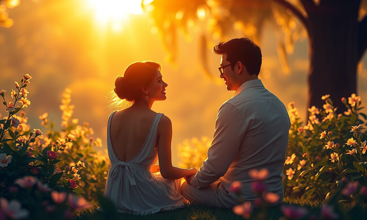 Intimate couple sharing meaningful conversation in a serene garden setting, representing deep emotional connection and relationship values