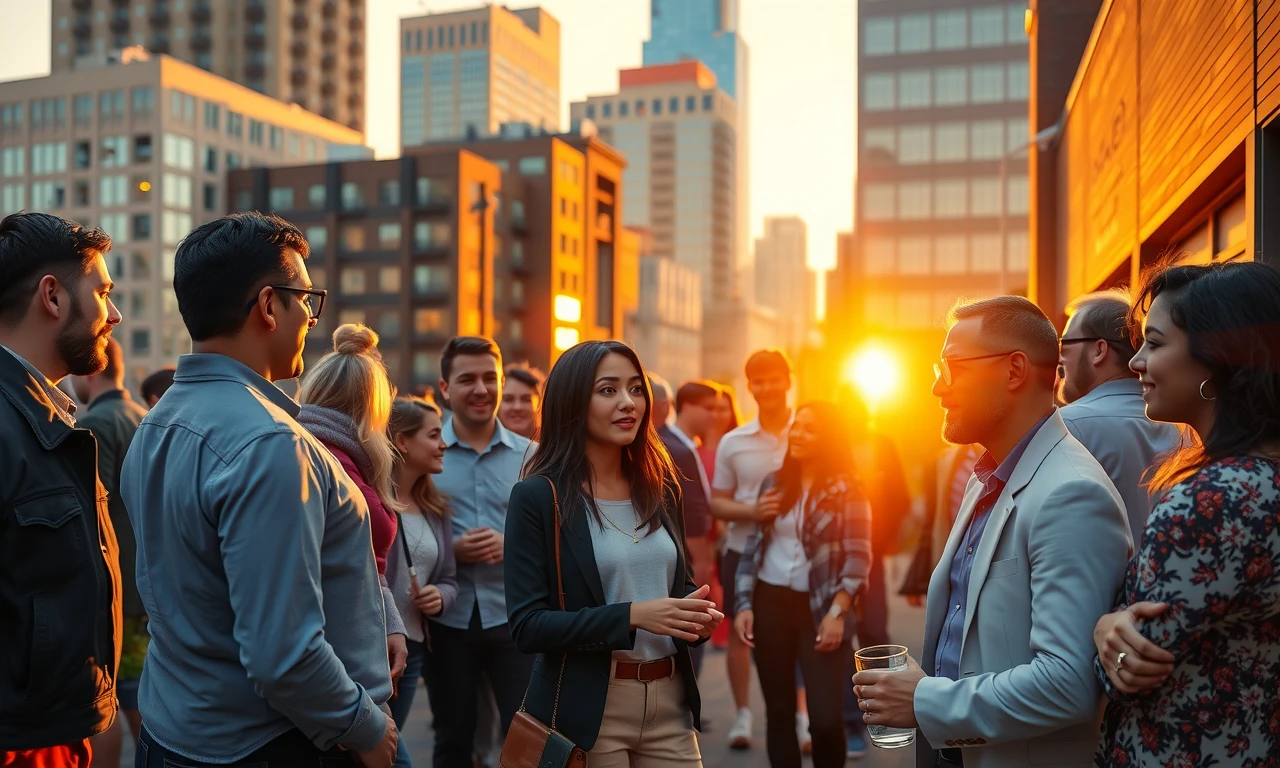 Diverse group of professionals connecting authentically at a stylish rooftop social gathering, representing modern relationship dynamics