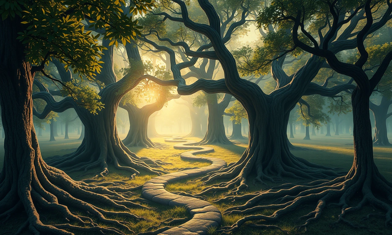 Symbolic forest landscape illustrating the journey of emotional healing and personal growth through life experiences