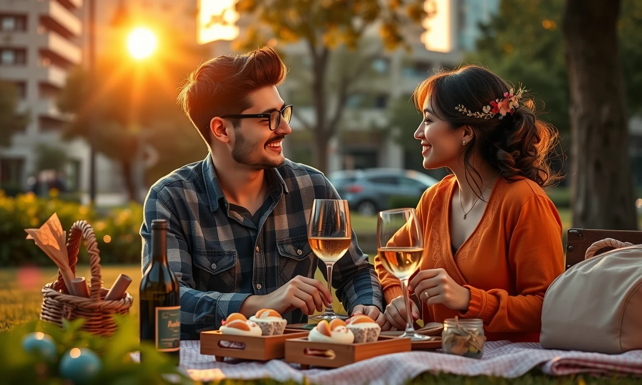 Romantic couple enjoying quality time during an intimate weekday picnic in an urban park setting