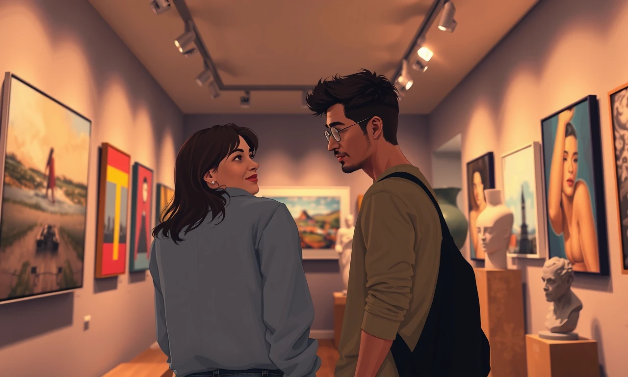 Couple sharing meaningful conversations while discovering art during an evening gallery visit