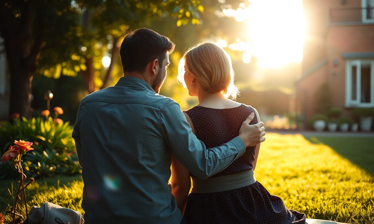 Couple displaying natural harmony and deep connection in a peaceful garden setting