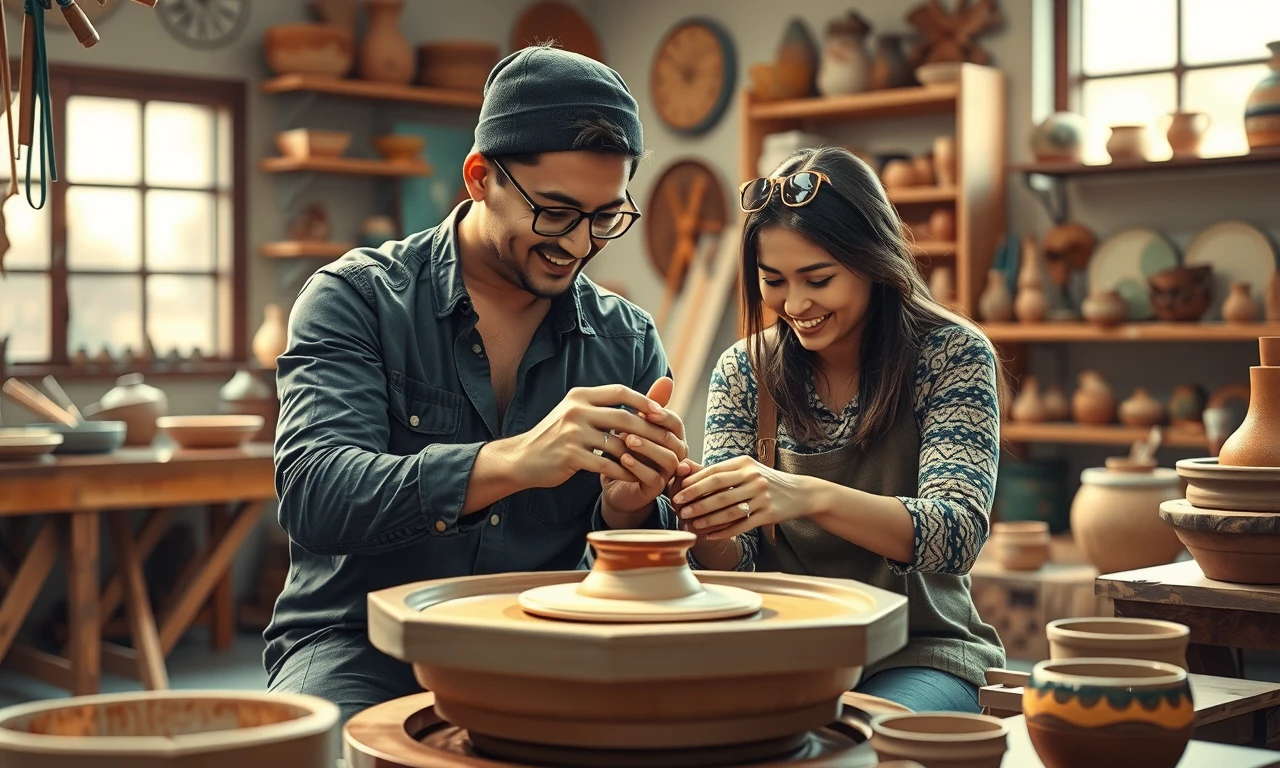 Couple sharing an artistic moment while crafting pottery in an intimate studio setting