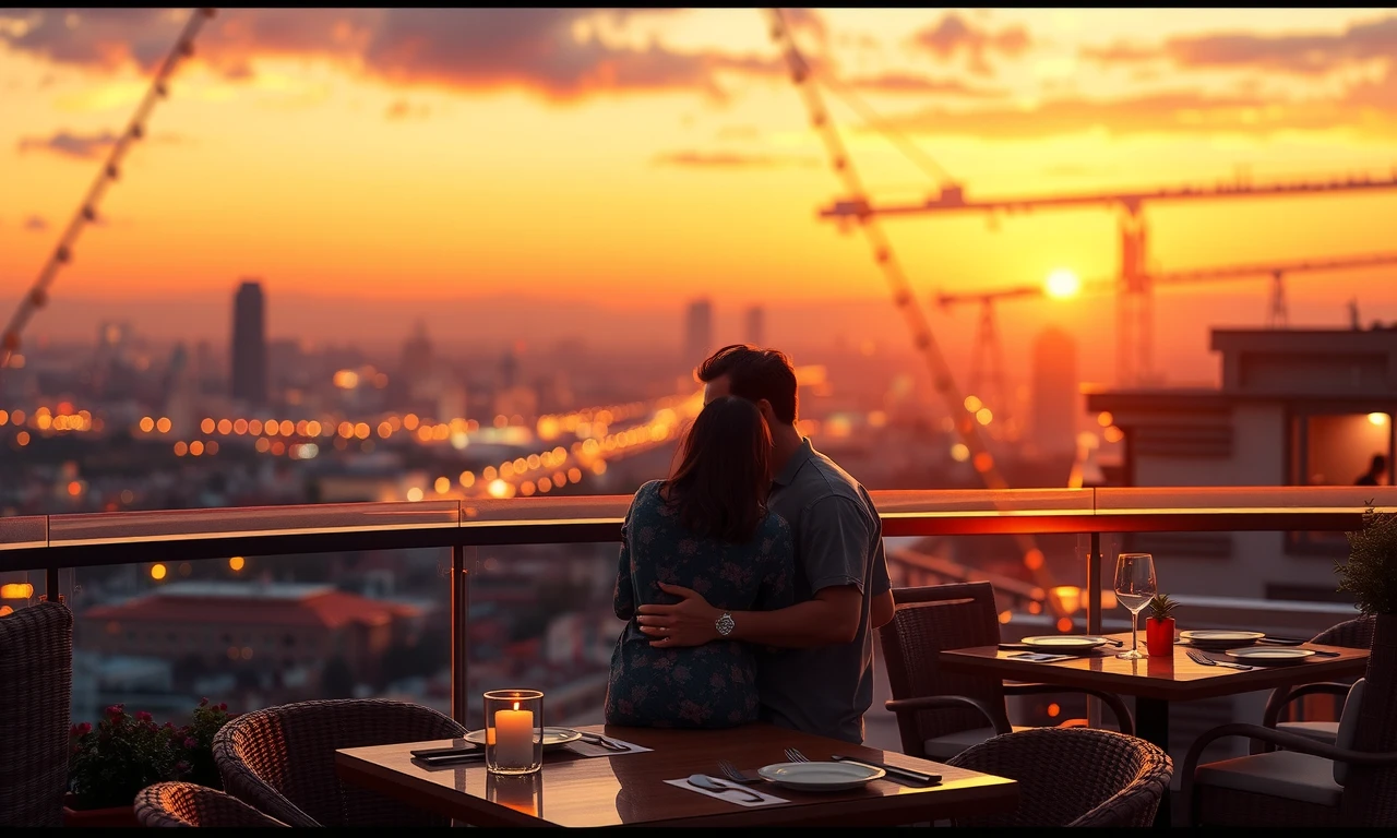 Romantic rooftop restaurant setting showcasing intimate couple dining experience with cityscape backdrop