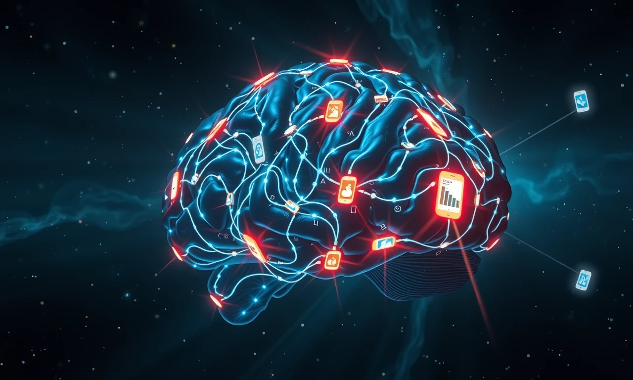 Conceptual visualization of digital psychology showing brain networks intertwined with smartphone elements