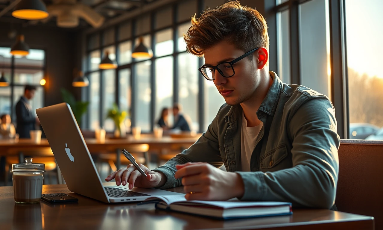 Professional mindfully creating an authentic online dating presence in a welcoming café environment