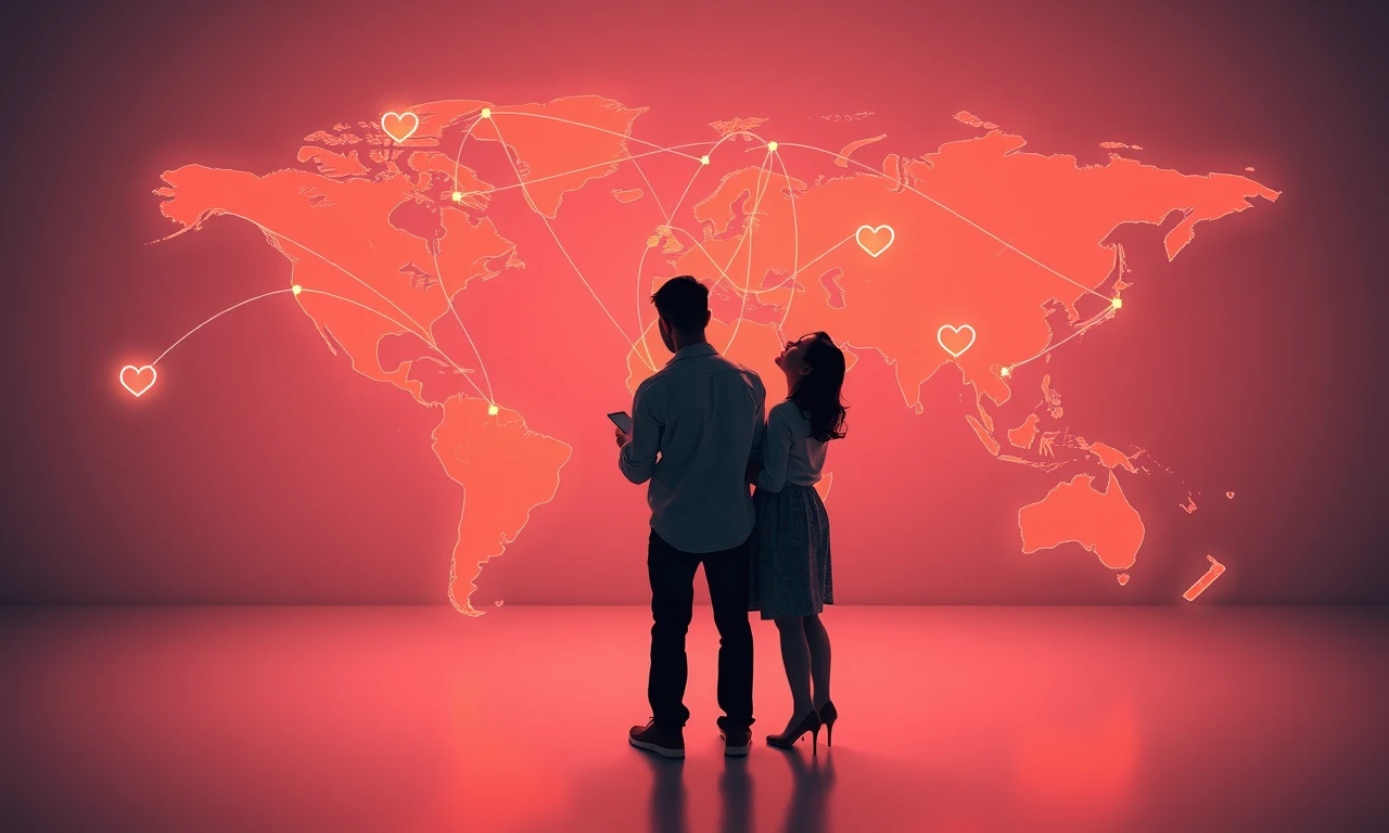 Modern visualization of long distance couples connected through technology across a world map, symbolizing digital age relationships